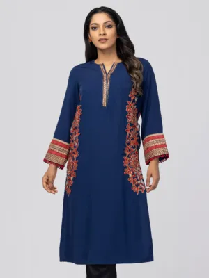 Navy Blue Embroidered Cotton Kurta