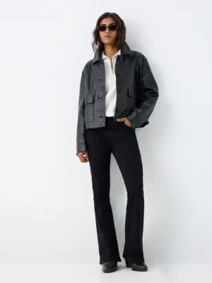 Nuon Black Tab-Button Faux Leather Jacket