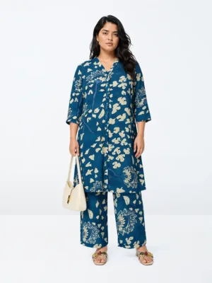 Diza Blue Foliage Pattern Cotton-Blend A-Line Kurta