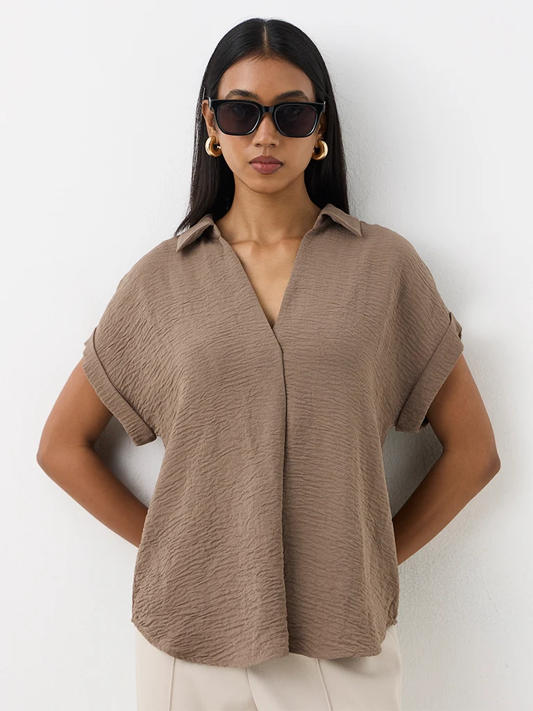 Wardrobe Taupe Crinkle-Textured Blouse