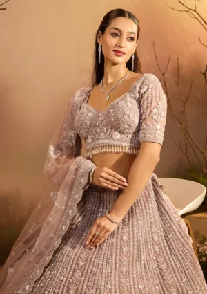 Silver Zariwork Lavender Net Stitched Lehenga Blouse With Dupatta