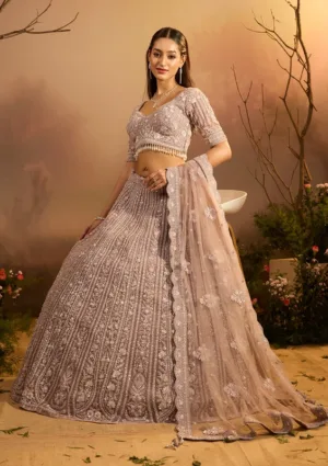 Silver Zariwork Lavender Net Stitched Lehenga Blouse With Dupatta