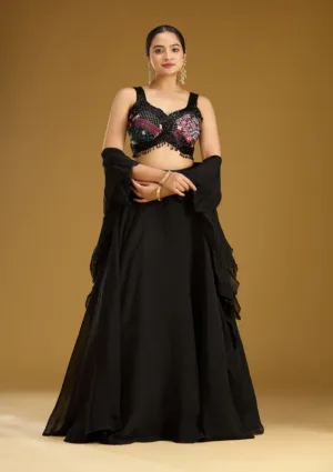 Cutdana Black Net Stitched Lehenga Blouse With Dupatta