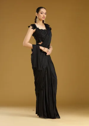 Black Satin Cutdana Saree With Matching Blouse Piece