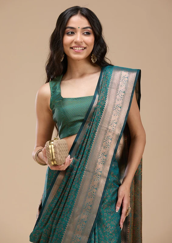Rama Green Silk Jaal Gold Zariwork Saree With Matching Blouse Piece