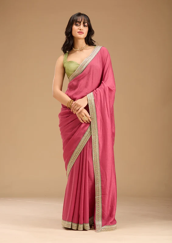 Onion Pink Soft Raw Silk Gold Zariwork Saree With Matching Blouse Piece
