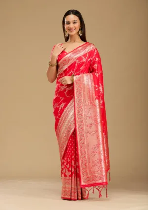 Red Silk Jaal Stonework Saree With Matching Blouse Piece