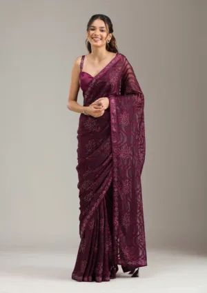 Wine Chiffon Swarovski Saree With Matching Blouse Piece
