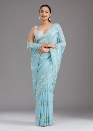 Sky Blue Crepe Sequins Saree With Matching Blouse Piece