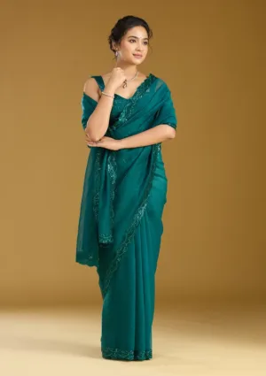 Teal Green Chiffon Sequins Saree With Matching Blouse Piece