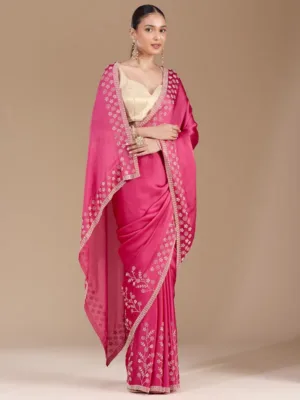 Pink Chiffon Gold Stonework Saree With Matching Blouse Piece