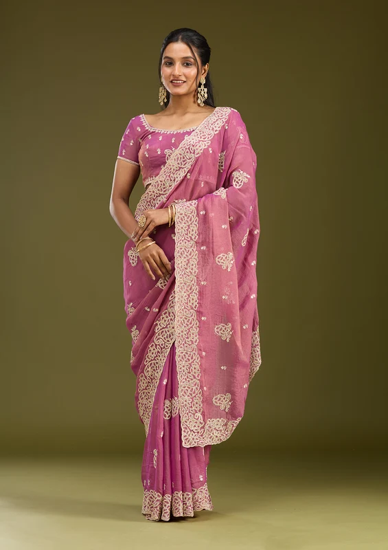 Onion Pink Tissue Silver Zariwork Saree With Matching Blouse Piece