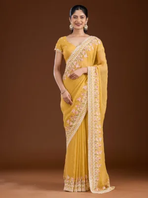 Yellow Crepe Threadwork Saree With Matching Blouse Piece