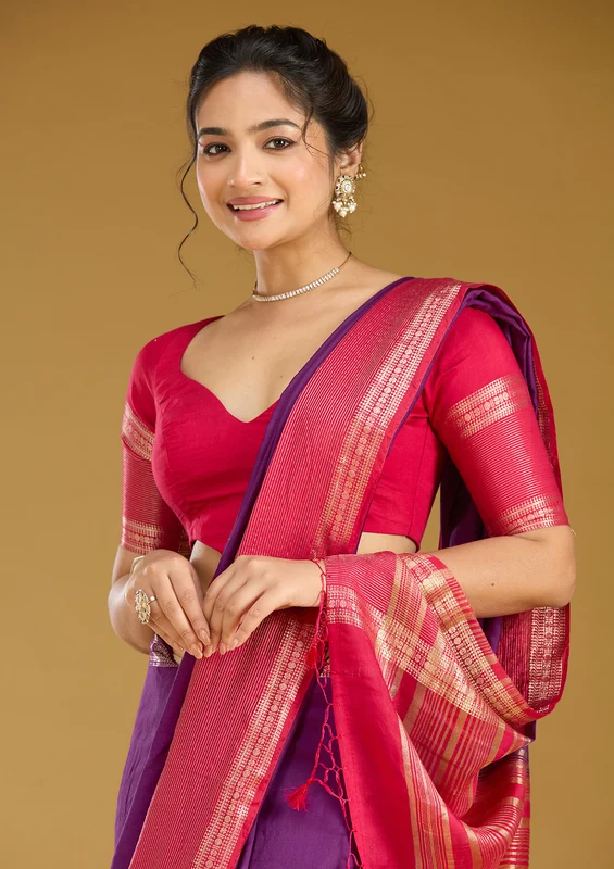 Purple Cotton Plain Gold Zariwork Saree With Matching Blouse Piece