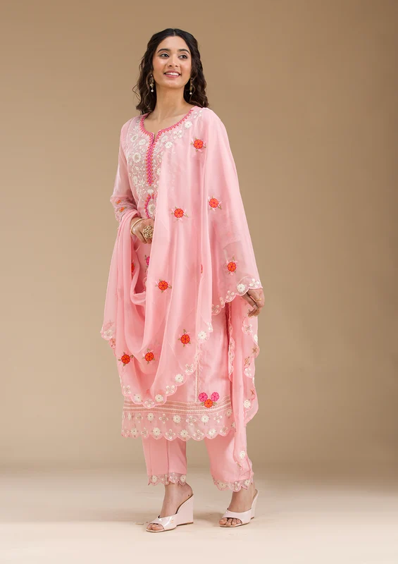 Baby Pink Organza Threadwork Straight Kurta With Pant Regular And Dupatta