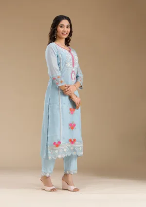 Sky Blue Organza Threadwork Straight Kurta With Pant Regular And Dupatta