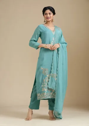 Sea Green Organza Silver Zariwork Straight Kurta With Pant Regular And Dupatta
