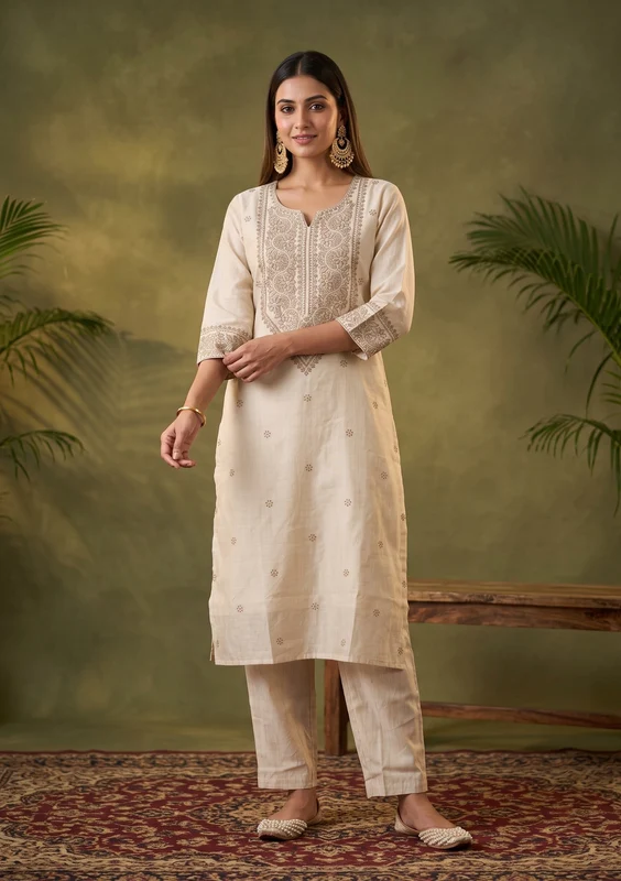 Beige Brown Chanderi Threadwork Straight Kurta With Regular Pant And Dupatta