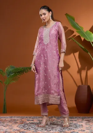 Onion Pink Tissue Gold Zariwork Straight Kurta With Pant Regular And Dupatta