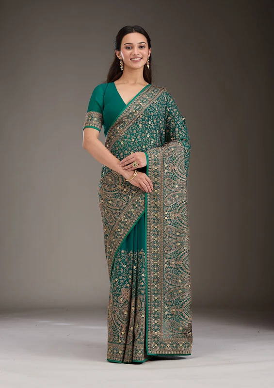 Rama Green Georgette Kashmiri Saree With Matching Blouse Piece