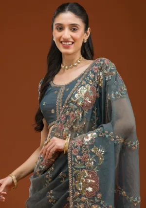Light Grey Tissue Sequins Saree With Matching Blouse Piece
