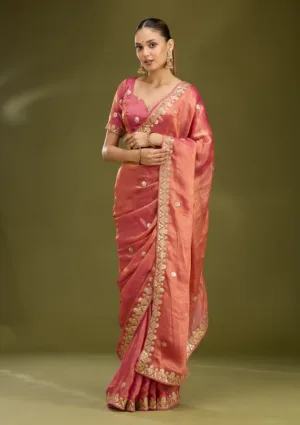 Gajari Pink Organza Gotapatti Saree With Matching Blouse Piece