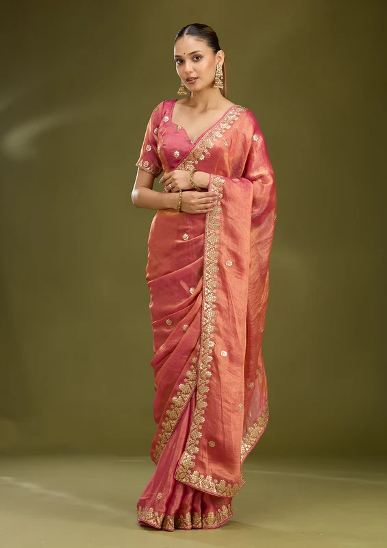 Gajari Pink Organza Gotapatti Saree With Matching Blouse Piece