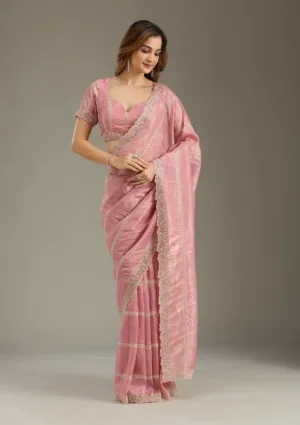 Pink Tissue Cutwork Saree With Matching Blouse Piece