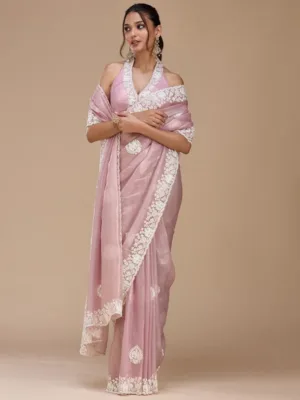 Mauve Tissue Pearlwork Saree With Matching Blouse Piece