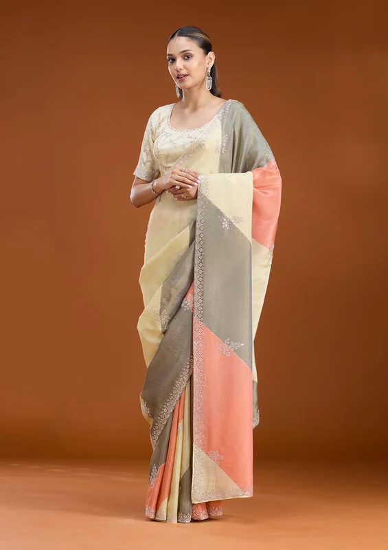 Gajari Pink Tissue Silver Stonework Saree With Matching Blouse Piece