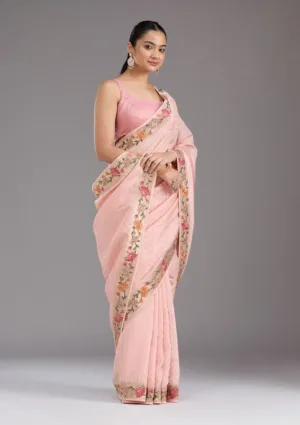 Baby Pink Tissue Threadwork Saree With Matching Blouse Piece