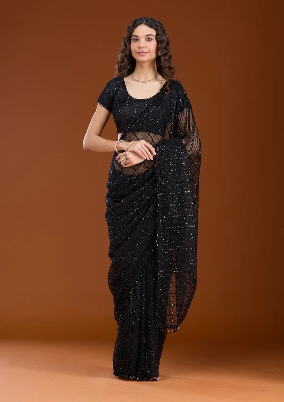 Black Net Sequins Saree With Matching Blouse Piece