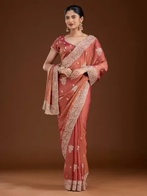 Rust Tissue Silver Zariwork Saree With Matching Blouse Piece