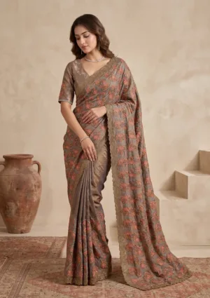 Dark Grey Tissue Kashmiri Saree With Matching Blouse Piece