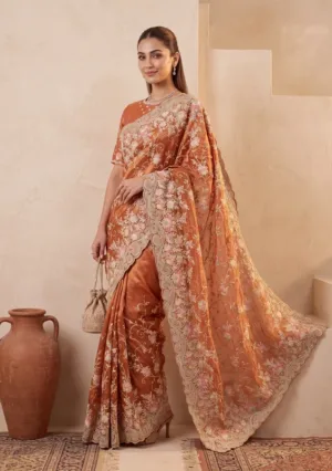 Rust Tissue Threadwork Saree With Matching Blouse Piece