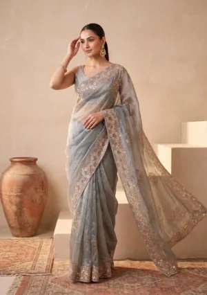 Light Grey Tissue Threadwork Saree With Matching Blouse Piece