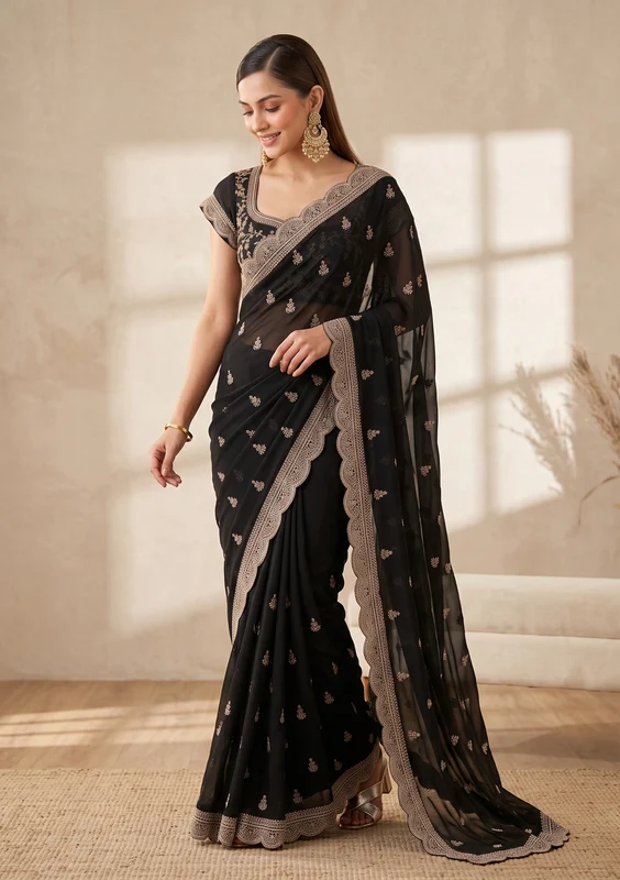 Black Georgette Gold Zariwork Saree With Matching Blouse Piece