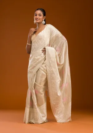 Baby Pink Tissue Threadwork Saree With Matching Blouse Piece